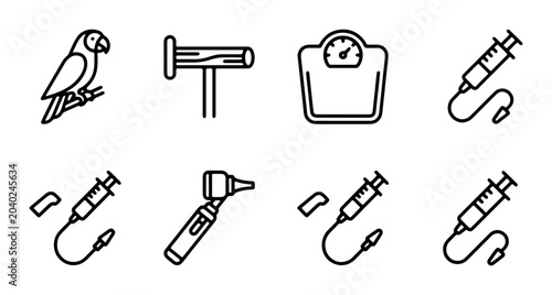 Photography Avian Vet Care Icons: Parrot, Perch, Scale, Syringe, Otoscope, Medical Tools