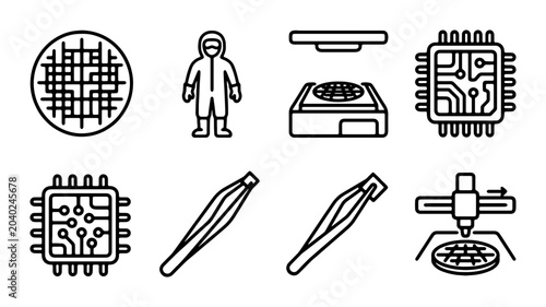 Foto Semiconductor Manufacturing Icons: Microchip, Wafer, Cleanroom Suit, Tweezers, L