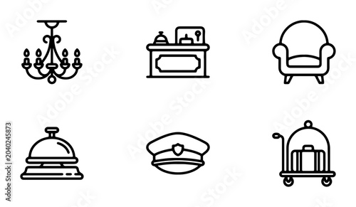 Bild auf Leinwand Hotel Service Icons: Reception, Bellhop, Luggage Cart, Chandelier, Armchair, Uni