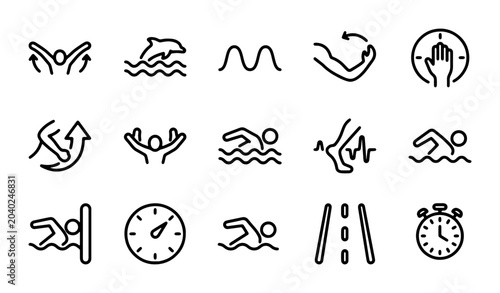Schilderij op canvas Swimming Icons Set, Water Sports Vector Graphics, Pool Training Symbols, Aquatic