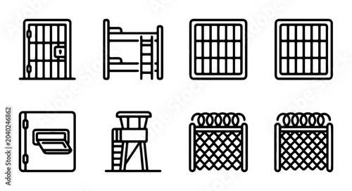 Foto Prison Icons Set: Jail Cell, Bunk Bed, Guard Tower, Barbed Wire Fence, Security