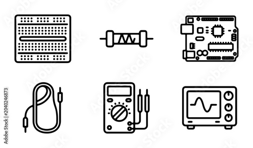 Bild auf Leinwand Electronics Components Set: Breadboard, Resistor, Microcontroller Board, Oscillo
