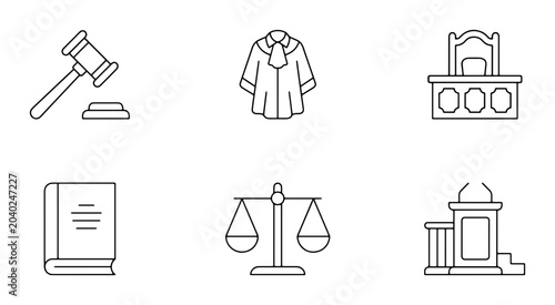 Photos Law Icons Set, Justice Symbols, Legal Gavel, Scales, Courtroom, Judge Robe, Book