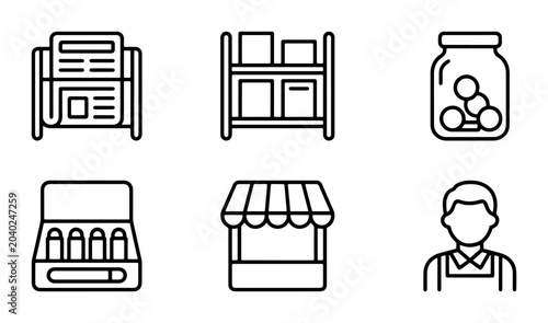 Photos Retail Icons Set: Store, Bookshelf, Jar, Ammo Box, Newspaper, Seller Vector Grap