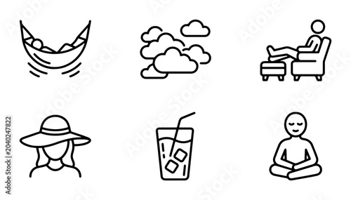 Принти на полотні Relaxation Icons: Hammock, Clouds, Spa, Sun Hat, Drink, Meditation, Vector Set