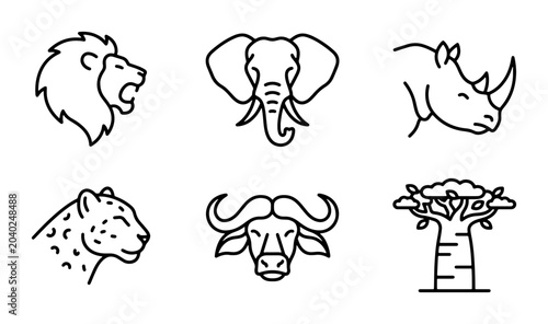 Photography African Safari Animal Icons, Wildlife Vector Set, Big Five Line Art Collection