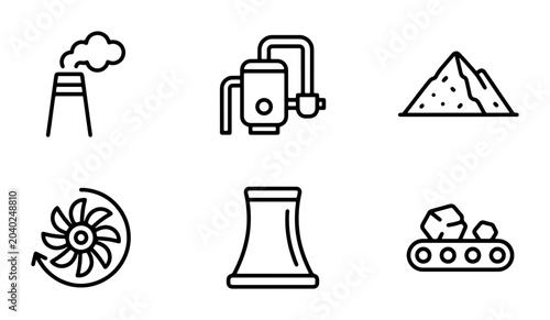Fotografía Industrial Icons Set: Factory, Boiler, Coal Pile, Fan, Cooling Tower, Conveyor B