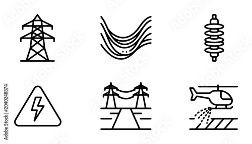 Schilderij op canvas Electricity Icons Set: Power Lines, Pylons, Danger Sign, Helicopter, Vector Grap