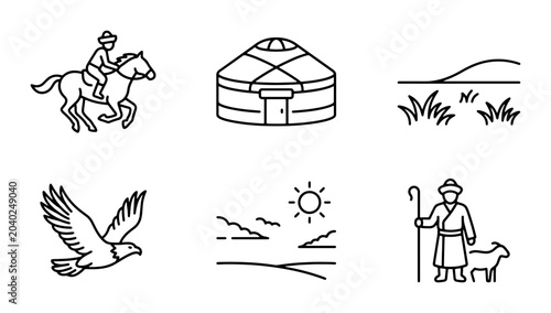 Quadro em tela Mongolian Nomadic Icons: Horse Rider, Ger, Eagle, Shepherd, Landscape, Sun