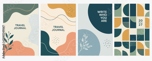 Abstract organic shapes and botanical illustrations on covers with text for journals and planners