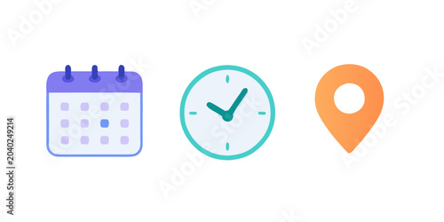 Calendar date clock time and map pin icons for scheduling and location planning on white
