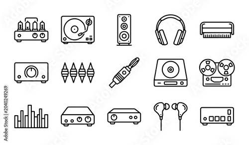 Konstfotografi Audio Equipment Icons: Vintage Turntable, Amplifier, Speakers, Headphones, Reel-