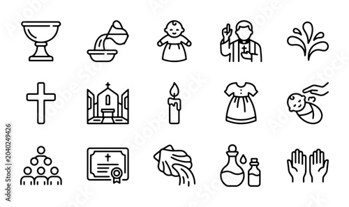 Fotografie Christian Baptism Icons, Religious Ceremony Vector Set, Holy Sacrament Symbols,