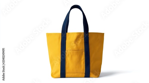 Yellow Canvas Tote Bag with Navy Blue Straps and Pocket.