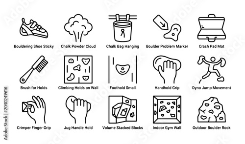 Fotografía Climbing Gear Icons: Bouldering Shoes, Chalk, Holds, Crash Pad, Brush, Grip, Mov