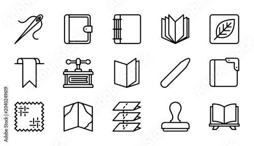 Photos Crafting Icons: Sewing, Bookbinding, Stationery, and Printing Tools Vector Set