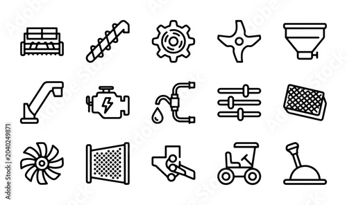 Foto Agricultural Machinery Icons Set, Farm Equipment Vector Graphics, Tractor Parts,