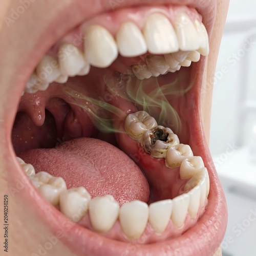 Illustration of a decayed molar tooth in an open mouth, with visible fumes representing foul breath, emphasizing poor oral hygiene and the critical need for dental care