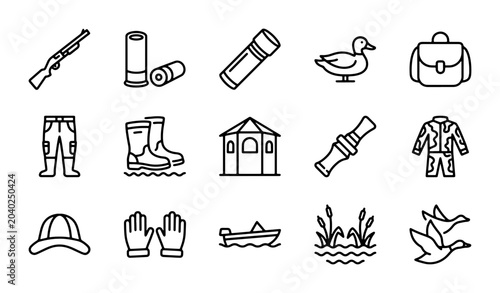 Foto Hunting Icons Set: Duck, Shotgun, Gear, and Outdoor Elements Collection