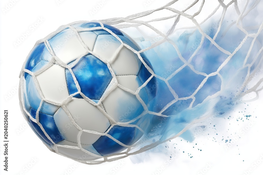 Naklejka premium Blue and white soccer ball hitting net with water splash isolated on white background for sports and goal concept