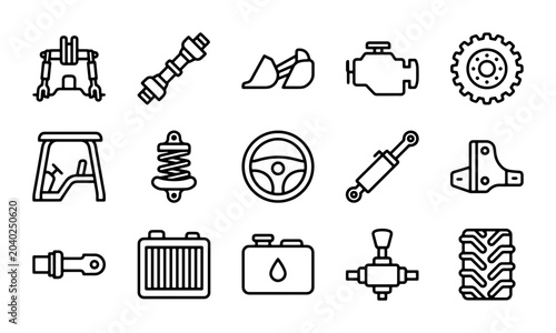 Foto Tractor Parts Icons, Agricultural Machinery Components, Vehicle Mechanics Vector