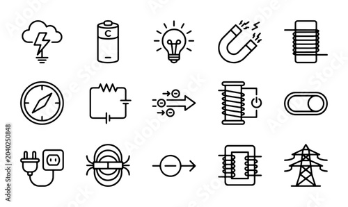 Cuadro en lienzo Electricity and Magnetism Icons Set, Physics Science Symbols, Energy Technology