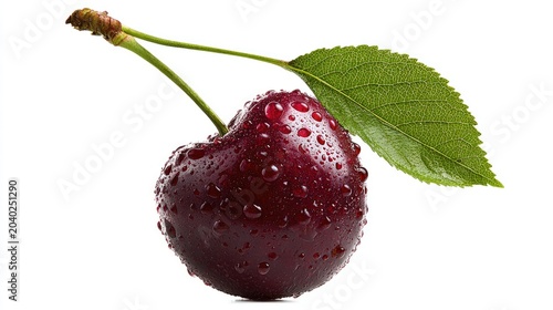 Single Ripe Cherry with Water Droplets and Leaf on White Background.