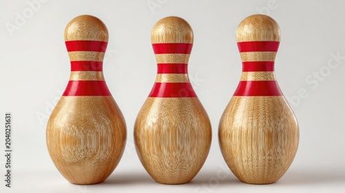 Three Vintage Bowling Pins Lined Up Against a White Background.