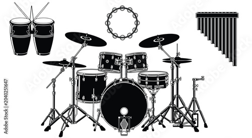 Tableau sur toile Percussion instrument collection, drum kit illustration, bongos tambourine panpi