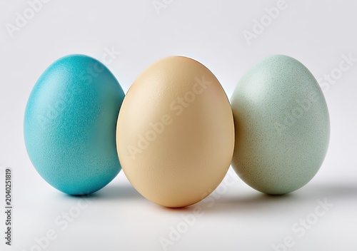 Three Easter Eggs in Pastel Colors on White Background.