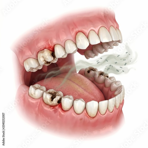 An intricate medical illustration depicting the severe progression of tooth decay and the unpleasant effects of halitosis originating from poor oral hygiene and bacterial growth