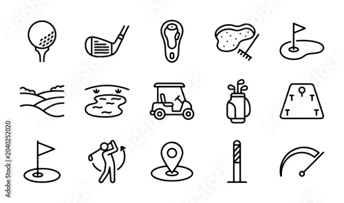 Billede på lærred Golf Icons Set: Sport Equipment, Course Elements, Player Action, Vector Graphics