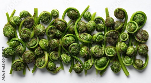 A Captivating Arrangement of Fresh Green Fiddlehead Ferns on a White Background.
