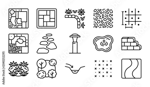 Bild auf Leinwand Landscape Design Icons Set: Garden Planning, Paving, Plants, Water Features, Out