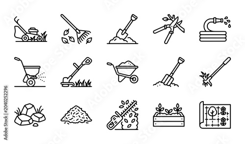 Canvas Print Gardening Tools Icons Set, Lawn Mower, Rake, Shovel, Pruners, Hose, Vector Graph