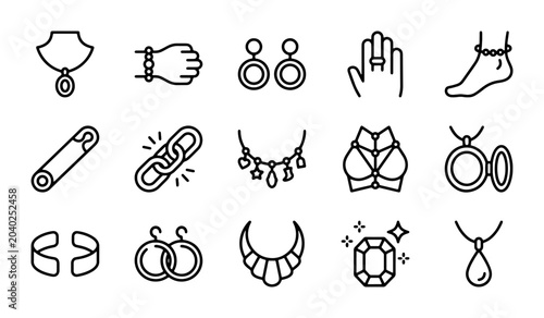 Foto Elegant Jewelry Icons Set: Necklace, Ring, Bracelet, Earrings, Anklet, Brooch, G
