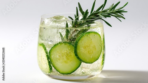 Refreshing Cucumber and Rosemary Gin Cocktail with Ice.