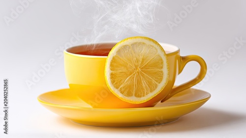 Steaming Hot Tea with Fresh Lemon Slice in Yellow Cup and Saucer.