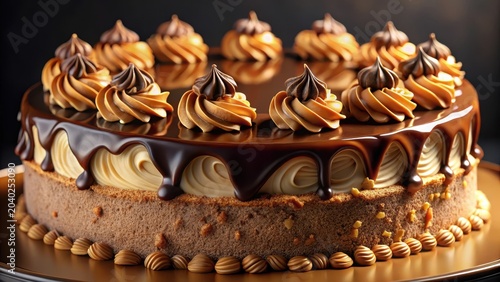 Delicious cake with peanut butter cream and chocolate topping