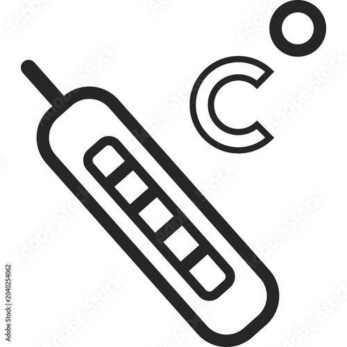 Outline illustration of a medical thermometer with the letter C, representing body temperature measurement, Celsius scale, fever monitoring, and clinical health diagnosis.