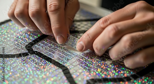 Individual contribution to the whole. A close-up of hands fitting the last piece into a holographic 'mosaic', completing a larger image.