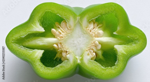 Green Bell Pepper Halved Showing Seeds and Interior.