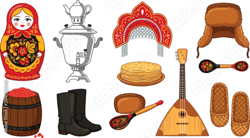 Tableau sur toile Traditional Russian Culture Icon Set with Matryoshka Doll, Samovar, Balalaika, K