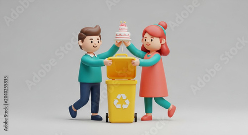 Cartoon characters recycling with cupcake and trash bin outdoors.