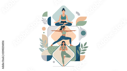 Flat vector illustration of women practicing yoga poses for wellness mindfulness and physical balance. EPS Editable