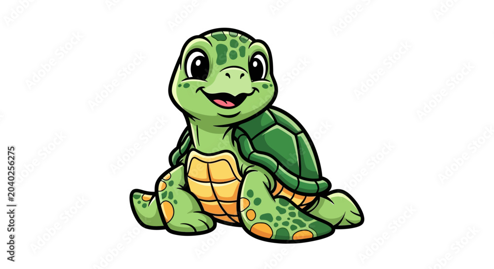 Obraz premium A cartoon turtle sits on ground with happy face and big eyes looking forward.