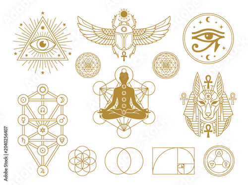 Obraz na plátně Golden Sacred Geometry and Ancient Egyptian Mystical Symbols Set; Esoteric Icons