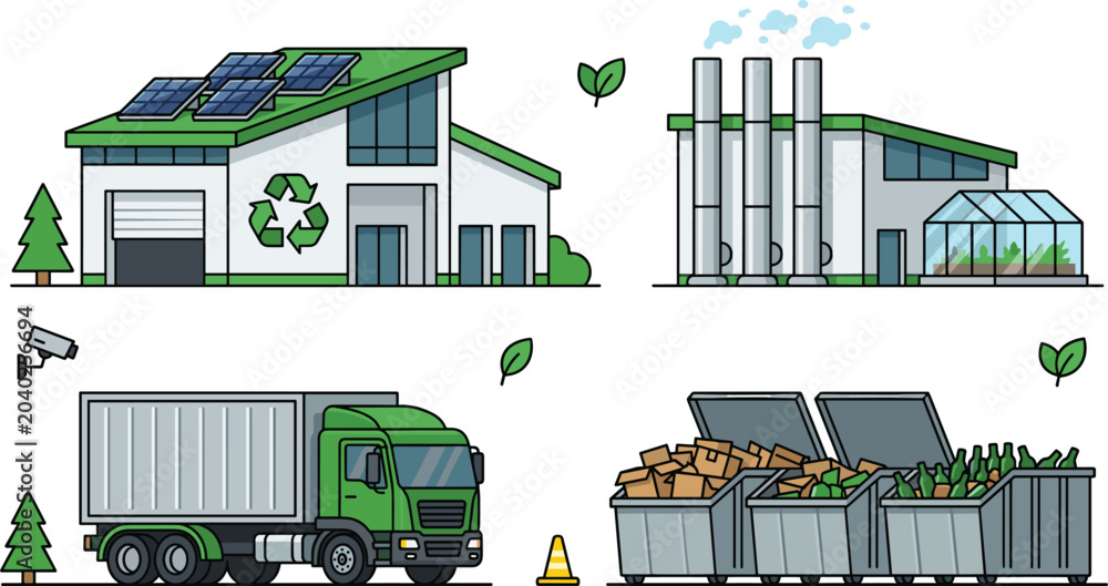 Obraz premium Eco Green Recycling Plant Building Set with Solar Panels, Cargo Delivery Truck, Greenhouse, and Large Waste Sorting Containers Vector Illustration