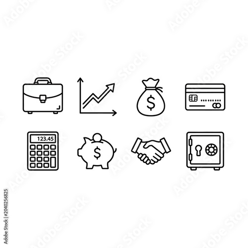 Business and Finance Icon Set Vector with Money Banking and Investment Symbols