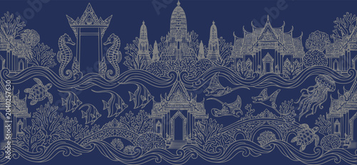 A seamless pattern in image.png featuring traditional Thai architecture and marine life, rendered as a gold-line illustration on a deep blue background, ideal for textiles, wallpapers, and elegant pac
